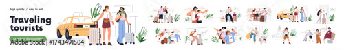 Tourists travel set. Vacation trip, holiday journey scenes. People with suitcases, luggage at taxi, airport, hotel room, sightseeing, photo. Flat vector illustrations isolated on white background