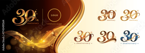 Set of 30th Anniversary logotype design, Thirty years Celebrating Anniversary Logo, Golden Elegant Serif Number 30 Letters, Luxury Classic Retro Logo for Congratulation celebration event, greeting.