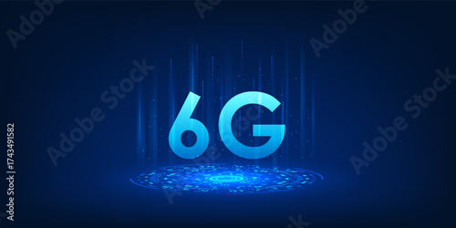 Futuristic 6G technology concept with glowing tech circle below, symbolizing ultra-fast communication, IoT connectivity, and advanced digital networks.