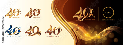 Set of 40th Anniversary logotype design, Forty years Celebrating Anniversary Logo, Golden Elegant Serif Number 40 Letters, Luxury Classic Retro Logo for Congratulation celebration event, greeting.