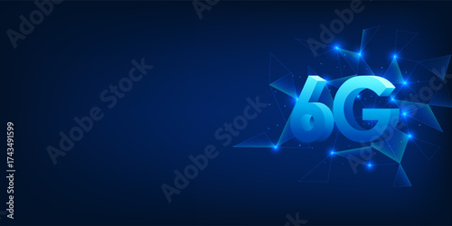 Futuristic 6G letters with digital network mesh background, symbolizing ultra-fast communication, IoT connectivity, and advanced data networks