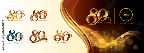 Set of 80th Anniversary logotype design, Eighty years Celebrating Anniversary Logo, Golden Elegant Serif Number 80 Letters, Luxury Classic Retro Logo for Congratulation celebration event, greeting.