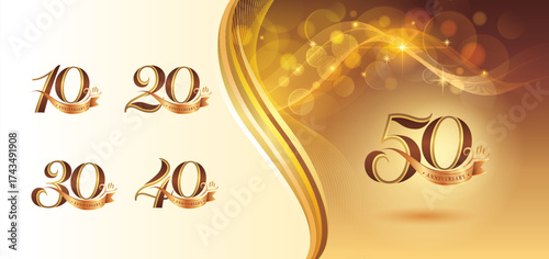 Set of 10 to 50 year Anniversary logotype design, Ten to Fifty years Celebrate Logo, Red Gold Curved Ribbon Lines Elegant Serif Number 10,20,30,40,50, Luxury Classic Retro Logos for Celebration event.