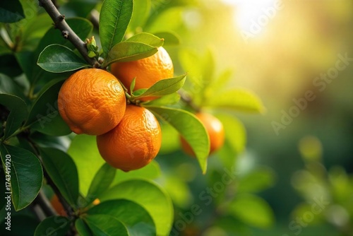 Sunlit Citrus Tree Abundant with Ripe, Juicy Oranges A Macro Photograph Representing Freshness, Vitality, and Summer Abundance.