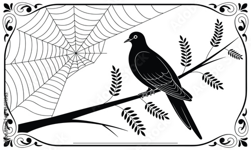 Black silhouette of a dove perched on a branch with leaves near a spider web within an ornate border