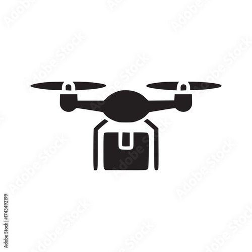 A black silhouette of a drone carrying a package against a white background in a simple illustration