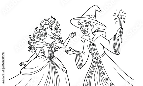 Cartoon princess with crown and ball gown interacting with a joyful witch holding a magic wand vector