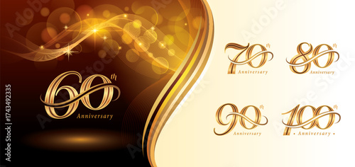 Set of 60 to 100 years Anniversary logotype design, Sixty to Hundred years Celebrating Logo, Golden Curved Lines Elegant Serif Number 60,70,80,90,100, Luxury Classic Retro Logos for Celebration event.