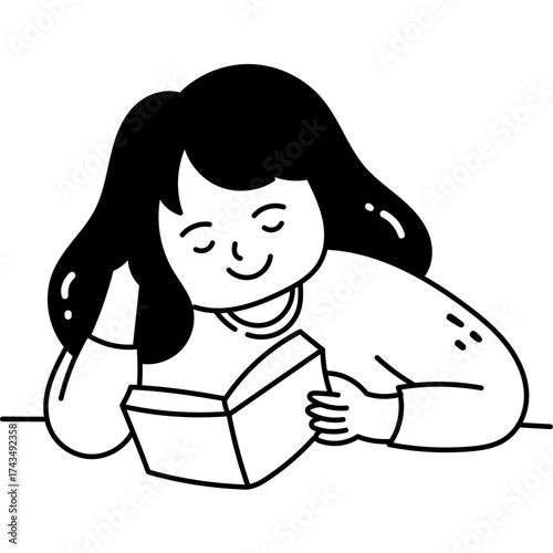 Girl Reading Book at Table Calmly