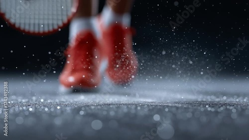 A white badminton shuttlecock strikes the court repeatedly as a red racket hits it, sending it bouncing and scattering dust across the dark indoor sports floor.
