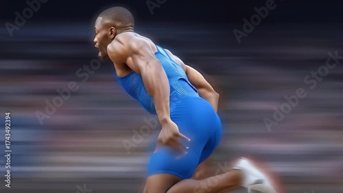 Male athlete in a blue uniform drives forward in full sprint, arms and legs pumping with intensity, body leaning into motion as blurred track background emphasizes speed and focus.