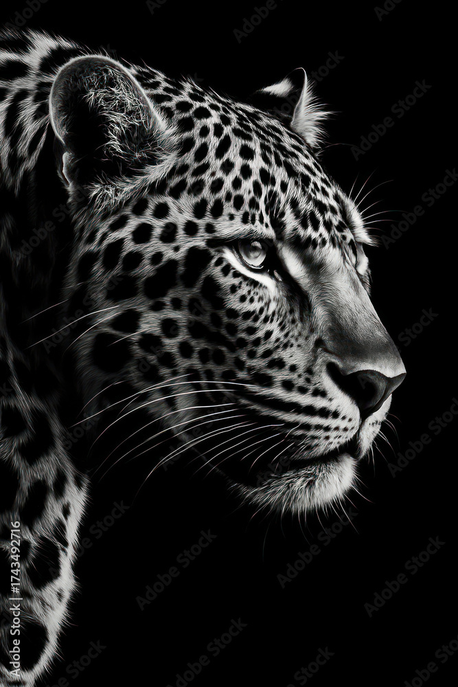 Obraz premium Monochrome Fineart Leopard Portrait Against Deep Black Background, Close-up Profile of Wild Cat Face with Intense Stare, Detailed Fur and Spots, Wildlife and Power Concept