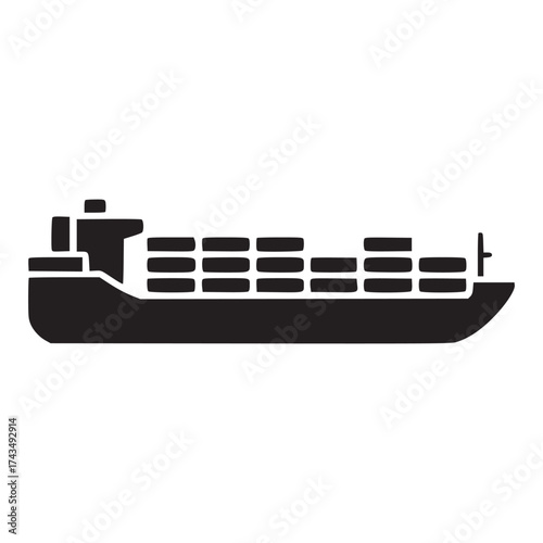 A black silhouette of a cargo ship filled with containers on a white background in simple style