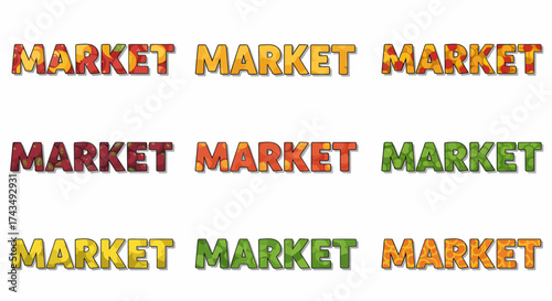 Nine instances of the word MARKET filled with fruitvegetable textures in three rows