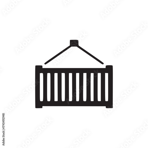 A black and white graphic icon of a shipping container suspended from a simple crane structure