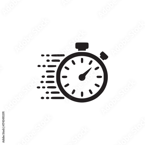 A black stopwatch with motion lines on a white background indicating speed and time passing quickly