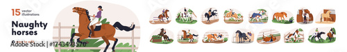 Disobedient, naughty horses set. Problem stallions misbehave, resist. Bad dangerous behavior, disobedience. Stubborn, aggressive steeds. Flat graphic vector illustrations isolated on white background