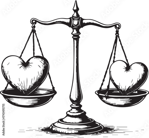 The delicate balance of love and judgment. A detailed pen and ink illustration depicts a pair of hearts, each weighing a heart on the scales, subtly evoking themes of justice, love.