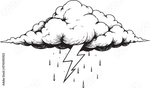 Dramatic illustration of a storm cloud unleashing lightning and rain, capturing nature's raw power in a striking visual.