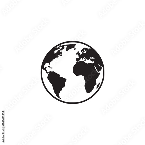 A simple graphic of the earth globe with continents in black on a white background in the center