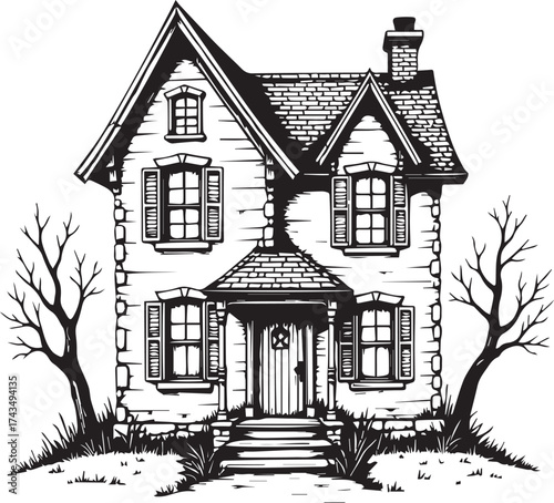 An eye-catching graphic illustration of a timeless, enchanting house. with intricate detailing, showcasing the artistry of design and architecture.