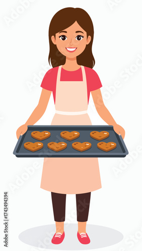 Woman in apron holding a baking sheet with heart-shaped cookies, smiling.