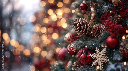 christmas tree with red ornaments and pine cones, blurred background of bokeh lights and snowflakes, close-up. christmas decorations. abstract festive background. new year's atmosphere. stock photo wi
