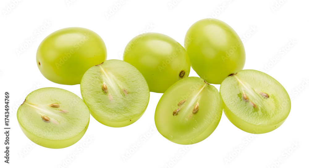Obraz premium Green Grapes Whole and Halves Isolated White Background