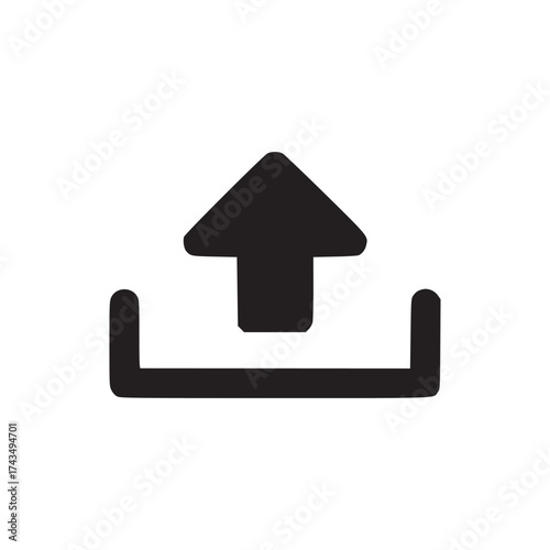 A simple black upload icon with an arrow pointing upwards on a plain white background illustration
