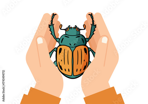Pair of hands cradling a large beetle scarab. Sacred insect of Ancient Egypt, symbol of good luck. Environmental conservation and biodiversity concept for education material.