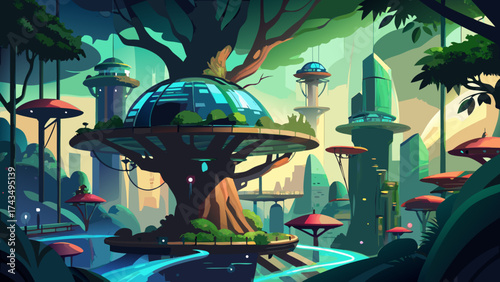 Eco-tech forest city built around giant trees, glowing walkways, and suspended pods, futuristic vision blending architecture, sustainability, and the calm of green energy.