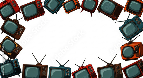Assortment of Retro Televisions Arranged in a Circular Frame, Pixelated Style
