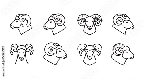 Collection of ram head outlines in various perspectives for graphic design projects vector