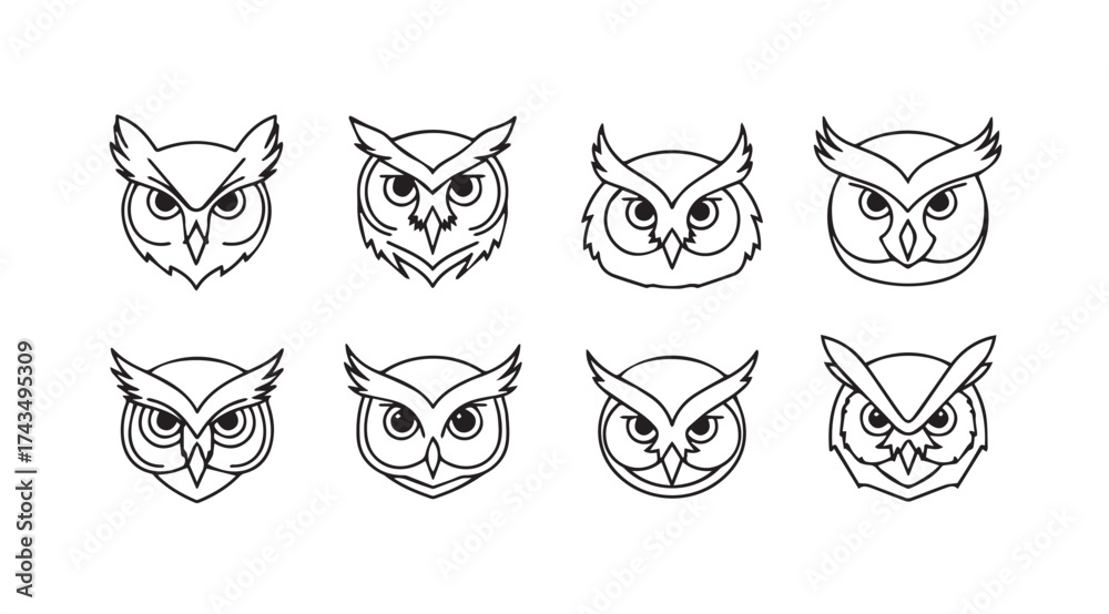 Fototapeta premium Collection of hand-drawn owl head silhouettes perfect for tattoo design and apparel vector