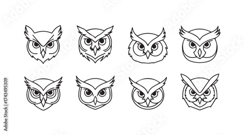 Collection of hand-drawn owl head silhouettes perfect for tattoo design and apparel vector