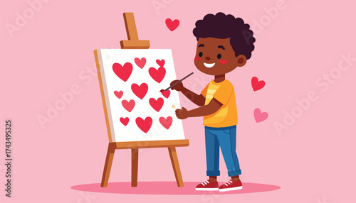 A young boy paints red hearts on a canvas, expressing love and creativity.
