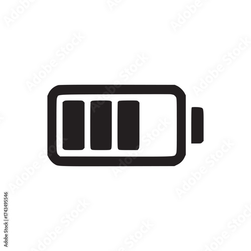 A simple black and white illustration of a battery icon with a medium charge level on a white background