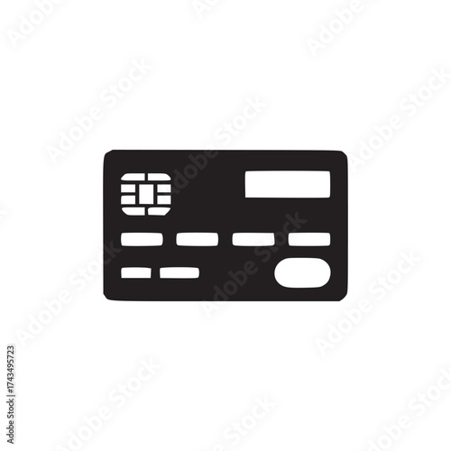 A minimalist black credit card icon isolated on a white background with chip and other details shown