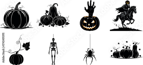 Vector art of collection of halloween icons including pumpkins, skeleton, spider, and headless horseman