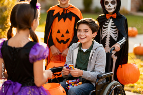 Heartwarming halloween: kids in costumes trick-or-treating and sharing candy outdoors
