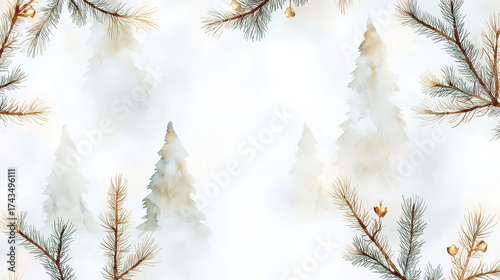 Fototapeta Naklejka Na Ścianę i Meble -  Delicate watercolor Christmas trees surrounded by soft pine branches create serene winter atmosphere