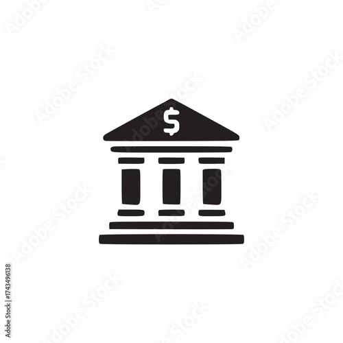 Illustration of a bank building with a dollar sign on the roof in black and white minimalist style