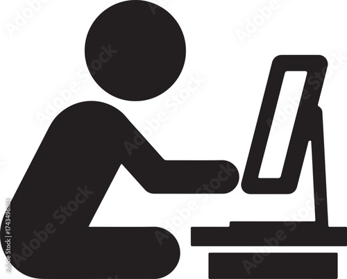 Black Silhouette Icon of a Person Sitting and Working at a Computer symbol