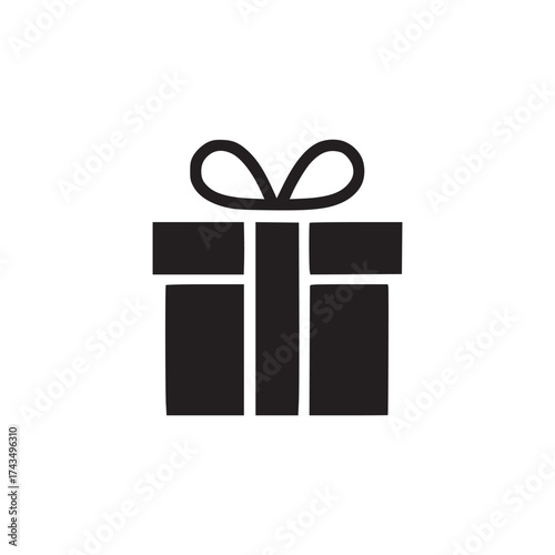 A simple black gift box icon with a bow isolated on a white background in a minimalist style