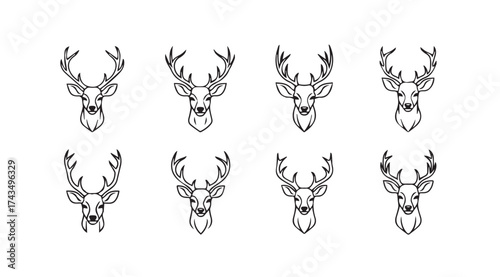 Set of eight stylized deer head silhouettes with antlers decorative line art for design projects vector