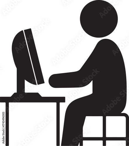 Black silhouette icon of a person sitting at a stool using a computer on a white background desk