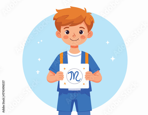 A smiling boy holds a sign with the Scorpio zodiac symbol against a light blue background.