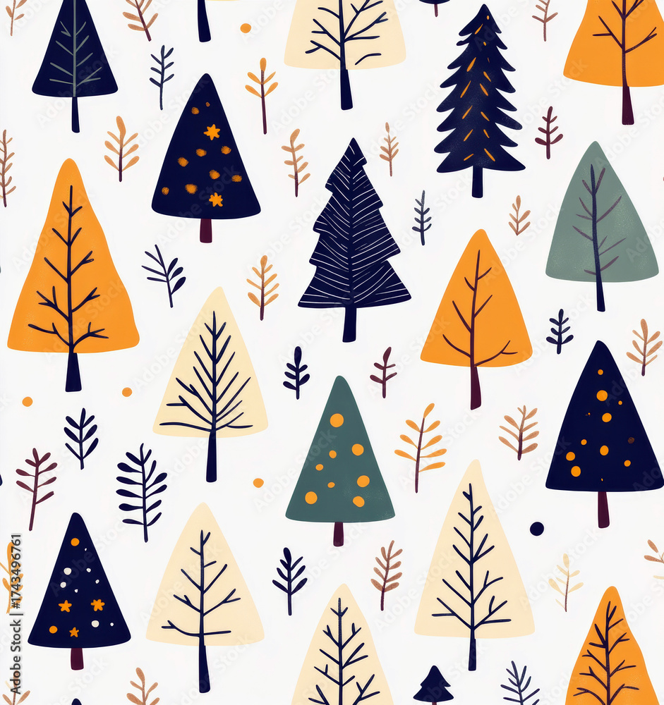 Obraz premium Seamless christmas pattern featuring green and yellow decorated fir trees, branches, and dots on a white background
