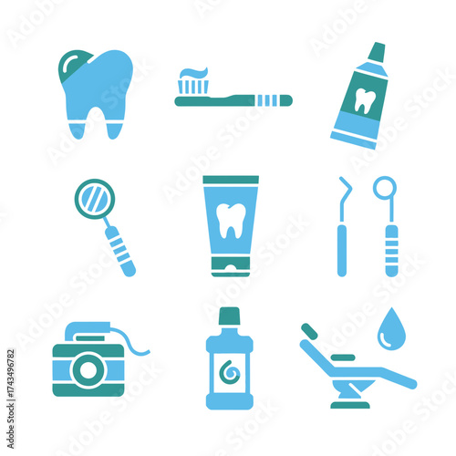 A collection of dental care icons in blue and teal, featuring a tooth, toothbrush, toothpaste, mirror, floss, mouthwash, and dentist chair.