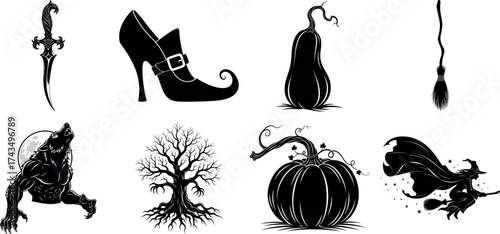 Vector art of assortment of eerie halloween graphics featuring a witchs shoe, broom, and a werewolf